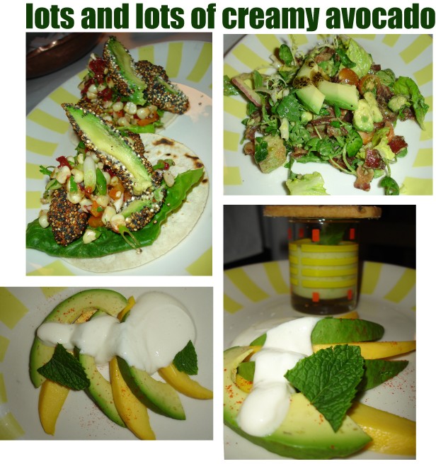 Salad, tacos and dessert using avocado.