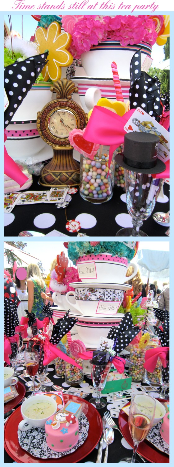 Fancy pink and black table tabletop with cake, candy and bright flowers
