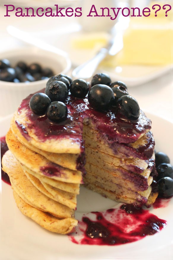 Corn & coconut flour pancake stack with blueberry syrup.