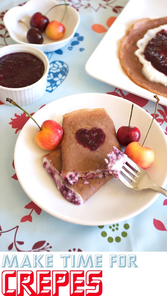 Healthy whole grain crepe recipe with chocolate and cherries.