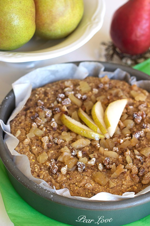 Organic Thanksgiving holiday fruit cake with pear, walnuts and cornmeal.