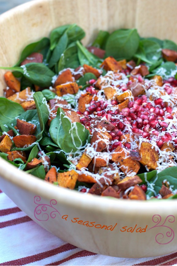Thanksgiving holiday salad with sweet potatoes, bacon & baby spinach.