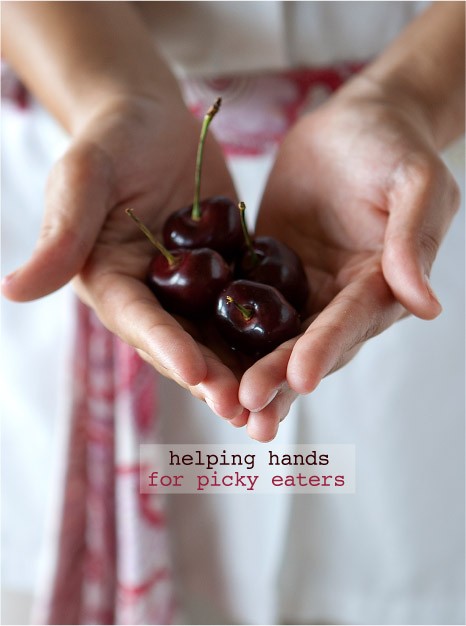 Girl with helping hands reaching with fresh cherries