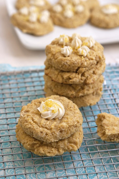 Healthy lemon cookie stack with oat, corn flour and frosting.