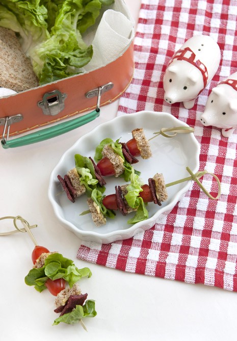 Healthy Bacon Lettuce Tomato kebab party skewers with lunch box
