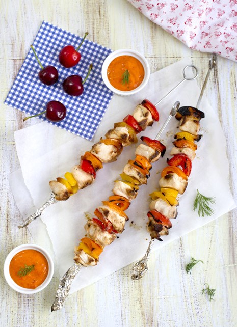 Chicken Kebabs with Roasted Pepper Sauce | MarlaMeridith.com