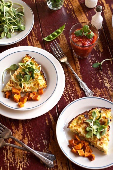 Cheese and egg frittata with sunflower sprouts and sweet potatoes