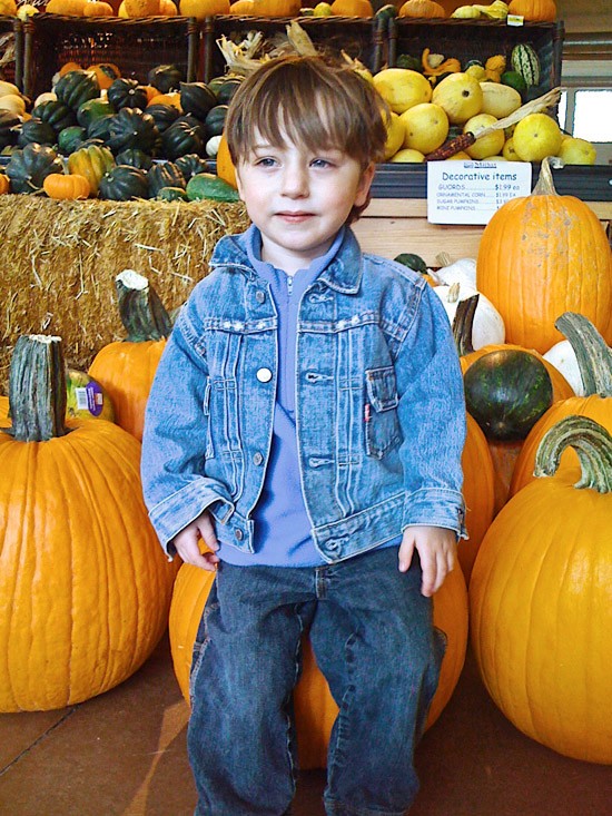 Little boy in denim jacket sitting on orange pumpkins