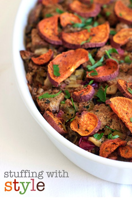 Sweet Potato, Andouille Sausage Stuffing on MarlaMeridith.com #Holiday #Thanksgiving #Christmas