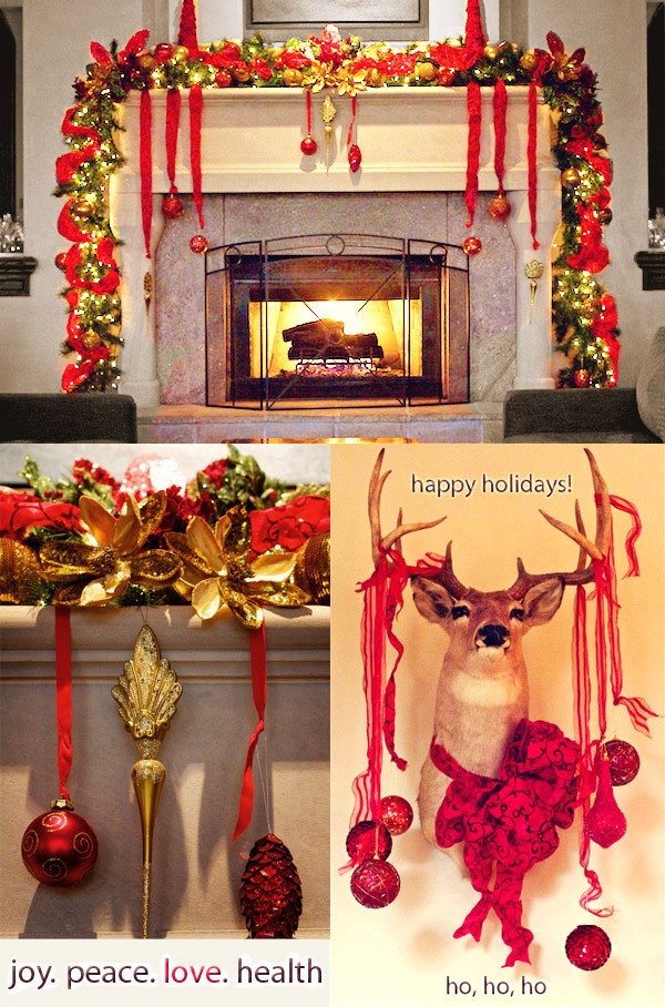 Christmas decorated reindeer and fireplace mantle with ornaments and f estive ribbon