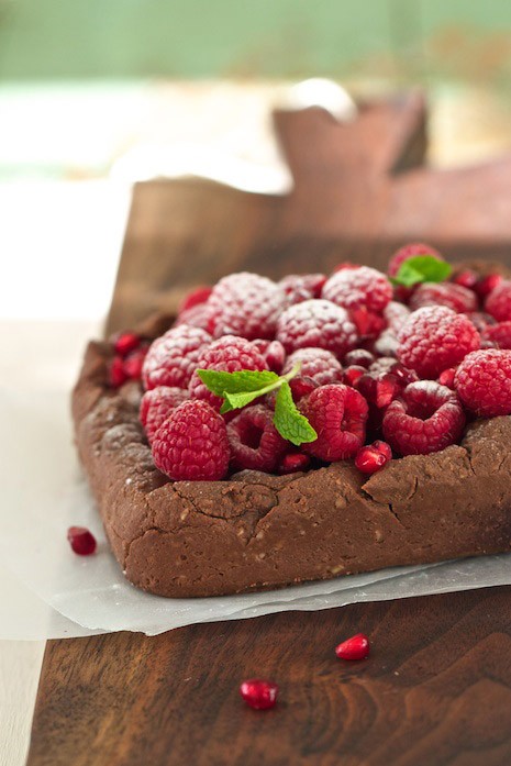 Chocolate cake for Valentine's Day with berries and chocolate chips