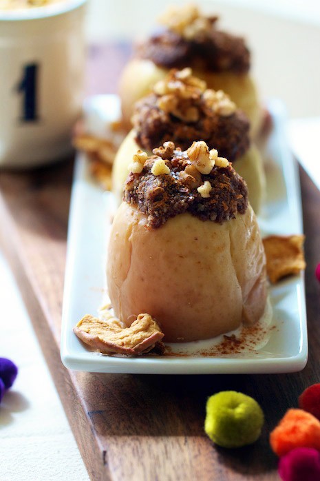 Baked apples with walnuts, dates, coconut milk drizzle.