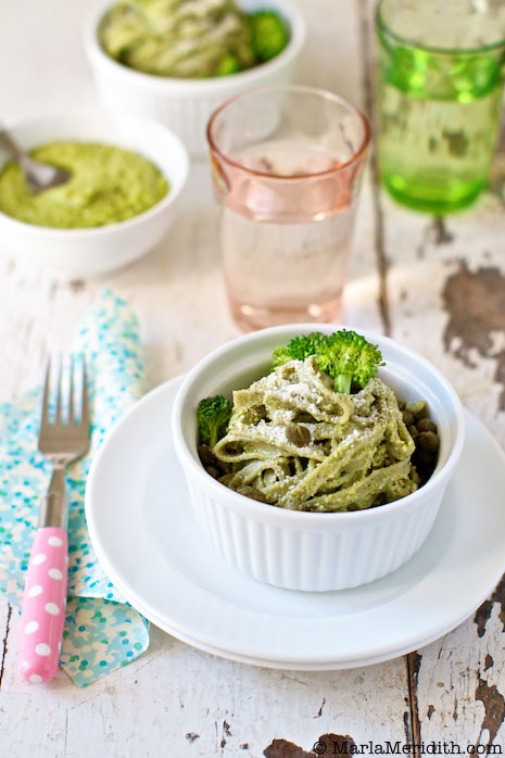 Healthy and Delicious Broccoli Pesto Pasta recipe. MarlaMeridith.com