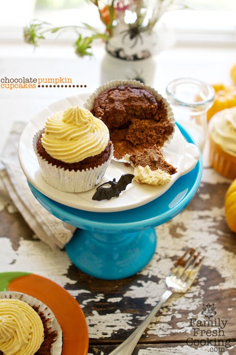 Chocolate Cupcakes with Pumpkin Whipped Cream recipe on MarlaMeridith.com © MarlaMeridith.com