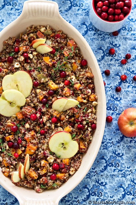 Looking for gluten-free options for Thanksgiving? Try this Quinoa Stuffing with Apple, Sweet Potato & Hazelnuts recipe. You won't miss the carb filled version at all! MarlaMeridith