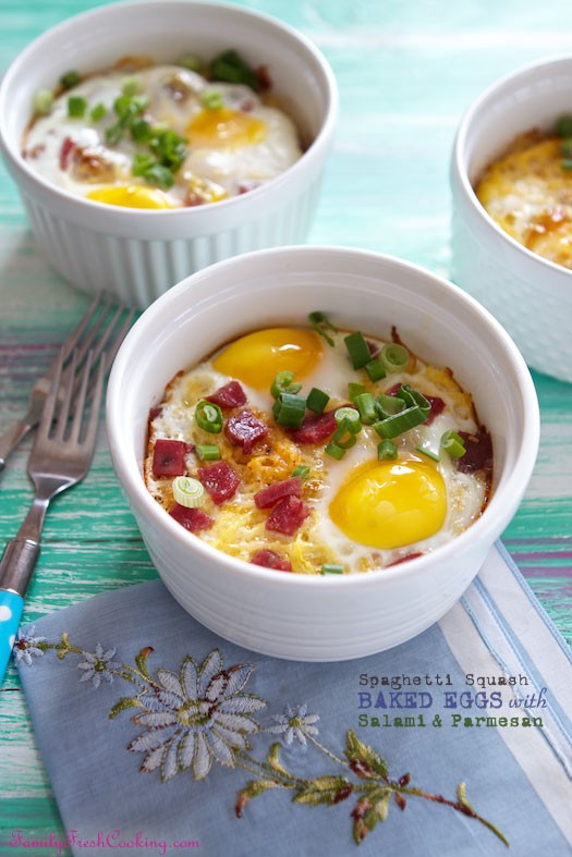 Spaghetti Squash Baked Eggs with Salami & Parmesan | recipe on MarlaMeridith.com