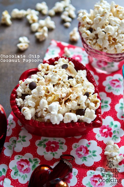Chocolate Chip Coconut Popcorn | Recipe on MarlaMeridith.com #glutenfree #vegan