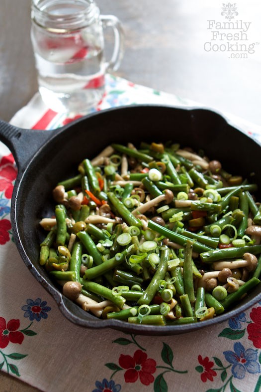 Green Beans with Beech Mushrooms & Olives | Make them for THANKSGIVING! Vegan recipe on MarlaMeridith.com