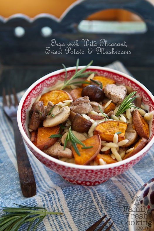 Orzo with Wild Pheasant, Sweet Potato & Mushrooms (use chicken too!) | recipe on MarlaMeridith.com