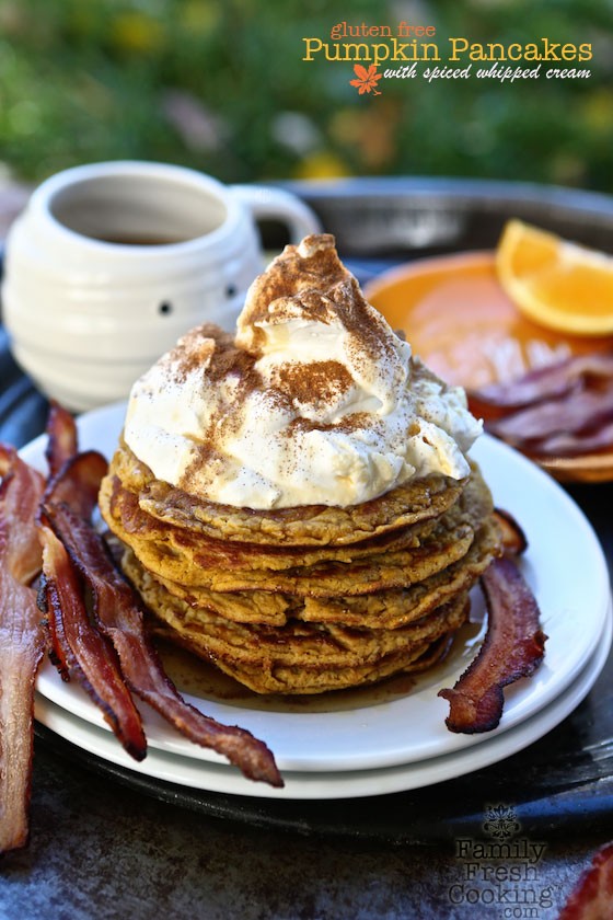 Pumpkin Pancakes with Spiced Whipped Cream | MarlaMeridith.com #glutenfree