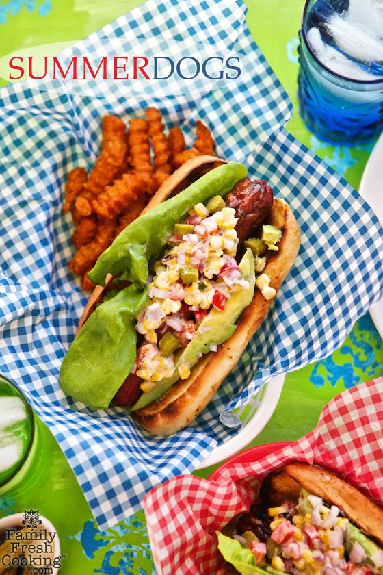 Summer Dogs | Hot Dogs with Grilled Corn Salad & Avocado | MarlaMeridith.com