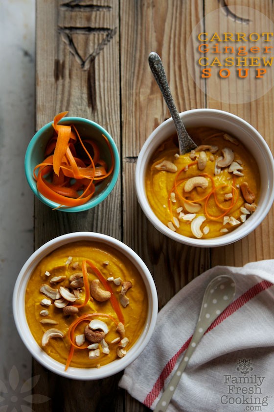 Creamy Carrot Cashew Ginger Soup | A very satisfying vegan soup! MarlaMeridith.com