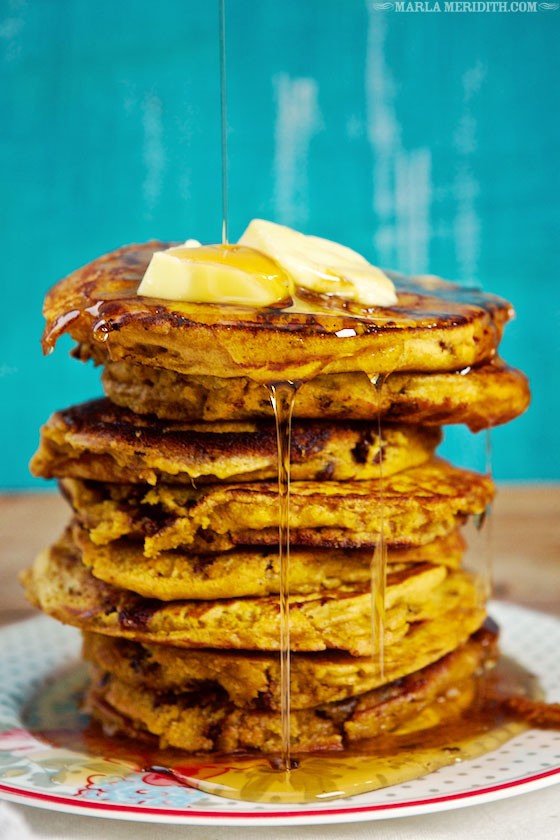 Rise and shine with a stack of these Pumpkin Chocolate Chip Pancakes! Get the recipe on MarlaMeridith.com