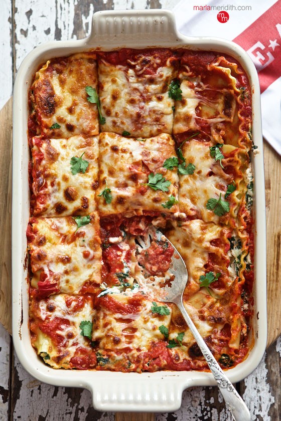 My Family Favorite Vegetarian Lasagna recipe is a budget friendly, delicious, healthy family meal. MarlaMeridith.com #casserole #lasagna #recipe