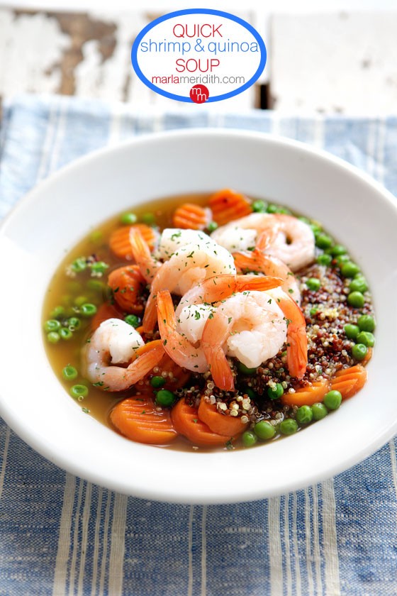 Quick Shrimp & Quinoa Soup | You can easily use pantry & freezer ingredients for this healthy soup! MarlaMeridith.com ( @MarlaMeridith )