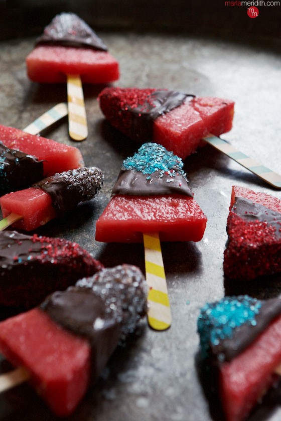 Chocolate Covered Watermelon Popsicles, great for summer parties! MarlaMeridith.com