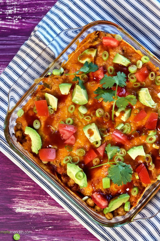 Chickpea Enchilada Casserole recipe for Meatless Monday a great vegetarian meal for the whole family! MarlaMeridith.com ( @marlameridith ) #meatlessmonday