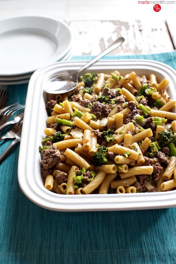 One Pot Pasta with Beef & Broccoli recipe. A delicious meal on the table in less than 30 minutes! MarlaMeridith.com