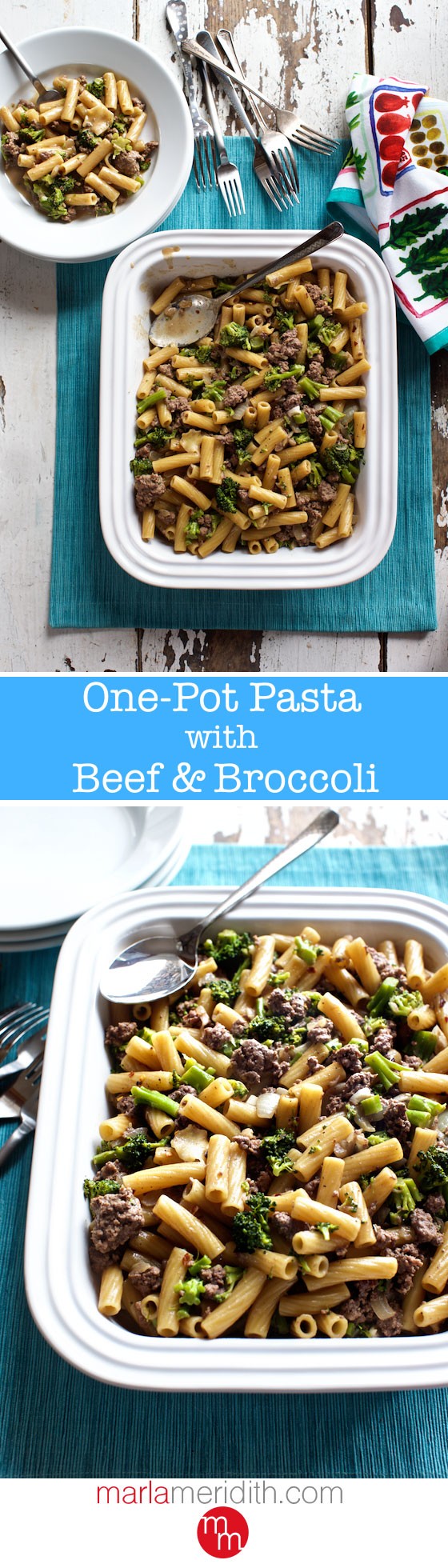 One Pot Pasta with Beef & Broccoli. A simple recipe for family dinner & leftovers perfect for lunch boxes too! MarlaMeridith.com ( @marlameridith )
