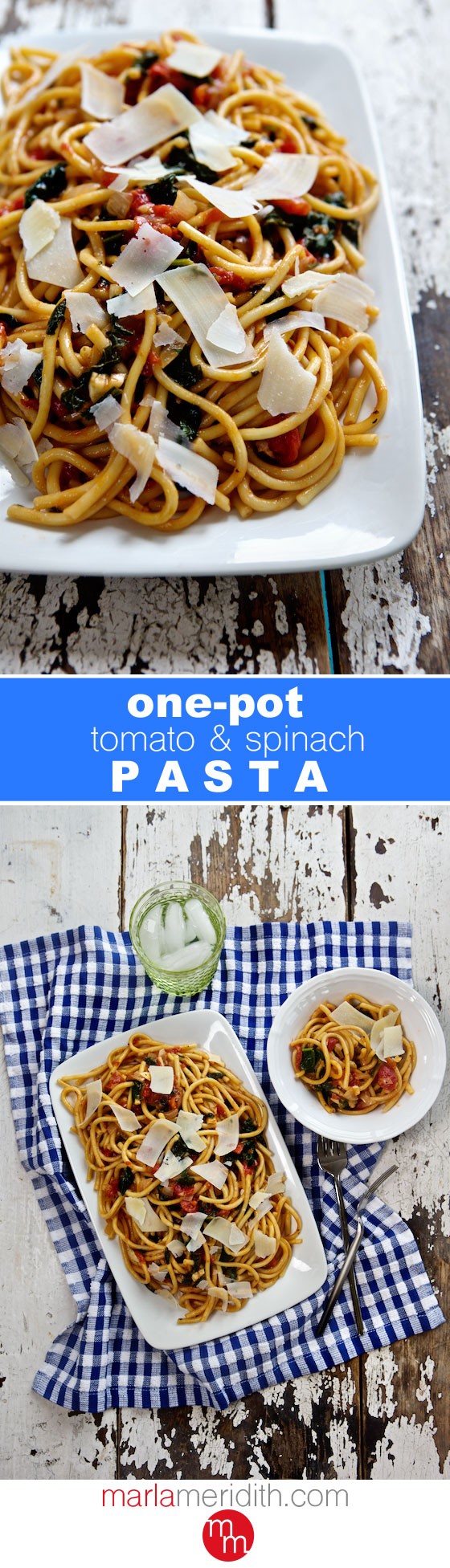 One-Pot Tomato & Spinach Pasta is a quick, convenient & delicious family meal! Great for the lunchbox too! MarlaMeridith.com ( @marlameridith )