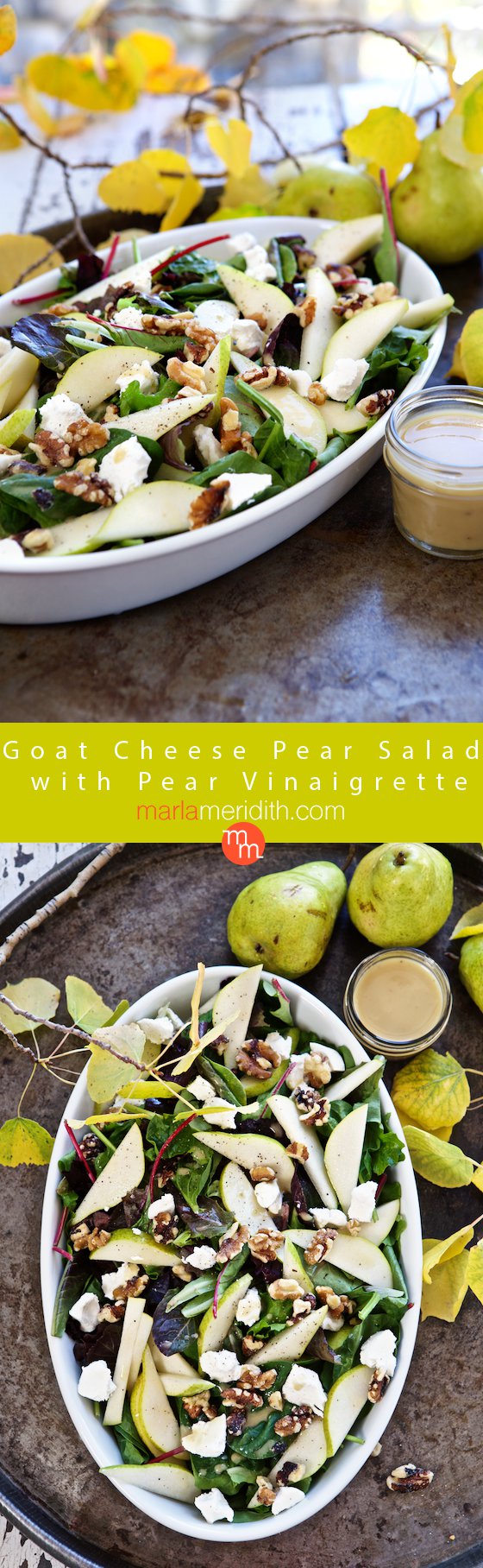 Goat Cheese Pear Salad with Pear Vinaigrette, this recipe is a delicious side dish for Thanksgiving & Christmas. MarlaMeridith.com ( @marlameridith )
