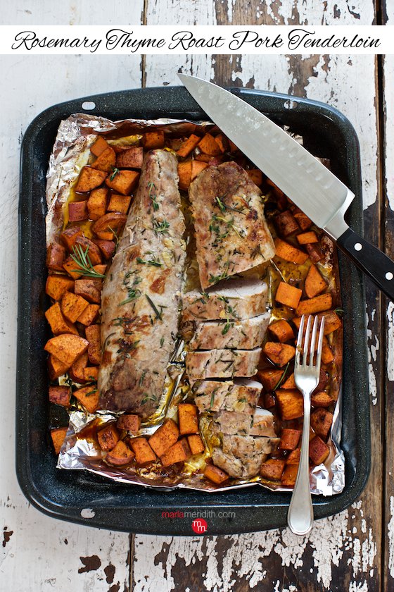Think beyond turkey for the holidays! Rosemary Thyme Roast Pork Tenderloin recipe is moist, flavorful & completely delish MarlaMeridith.com ( @marlameridith)