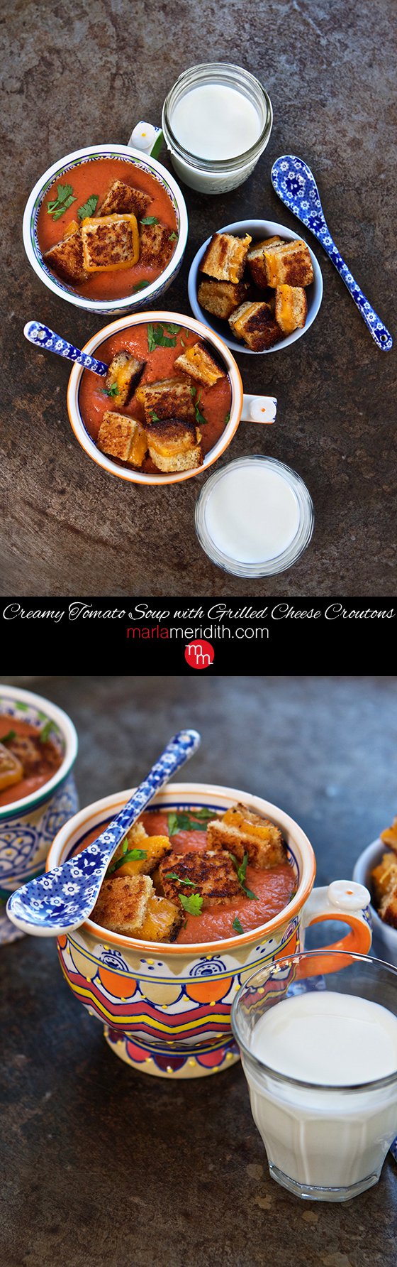 The ultimate winter comfort food! Creamy Tomato Soup with Grilled Cheese Croutons #recipe MarlaMeridith.com ( @marlameridith )