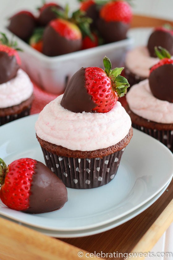 Chocolate Dipped Strawberry Cupcakes by Celebrating Sweets | featured on MarlaMeridith.com ( @marlameridith )