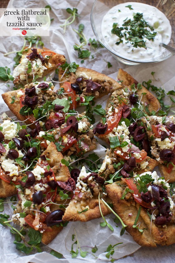 Greek Flatbread with Tzaziki Sauce, great for Super Bowl parties! MarlaMeridith.com