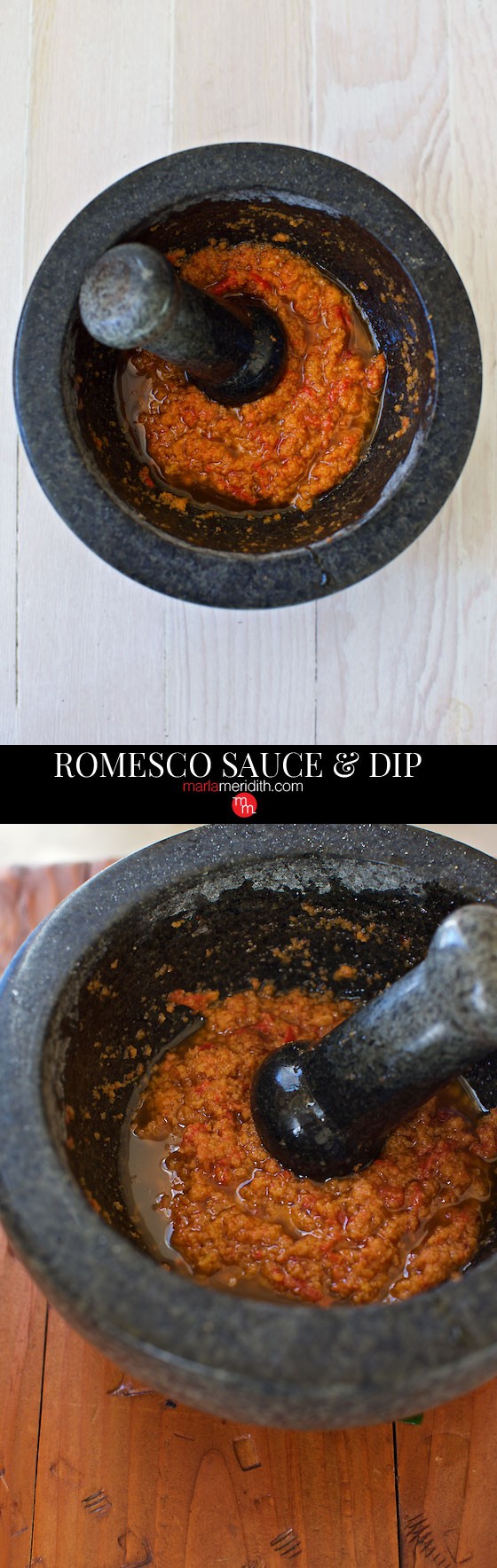 Romesco Sauce has become our go to favorite dip & sauce. A simple combination of tomatoes, red peppers, bread crumbs, and almonds. MarlaMeridith.com ( @marlameridith )