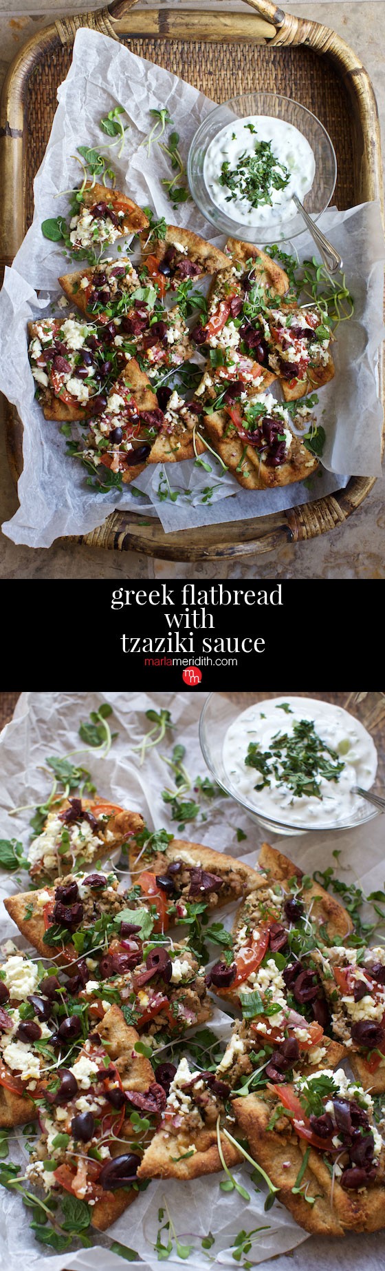 Greek Flatbread with Tzaziki Sauce recipe. A crowd pleaser for game day, family meals and entertaining. MarlaMeridith.com ( @marlameridith )