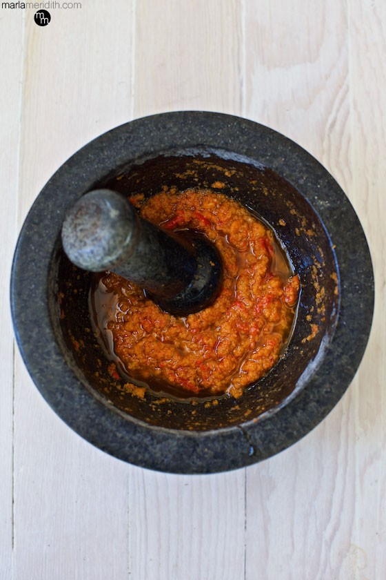 Romesco Sauce has become our go to favorite dip & sauce. A simple combination of tomatoes, red peppers, bread crumbs, and almonds. MarlaMeridith.com ( @marlameridith )