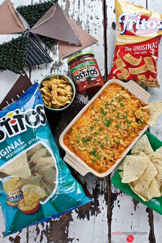 Hot & Cheesy Corn Dip! Serve this crown pleaser for Game Day & BBQ's. Topped with crunchy Fritos for an extra kick! MarlaMeridith.com ( @MarlaMeridith )