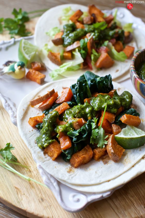 Sweet Potato Tacos with Cilantro Pistachio Pesto. Impress meat lovers with this healthy meatless meal! MarlaMeridith.com ( @marlameridith )