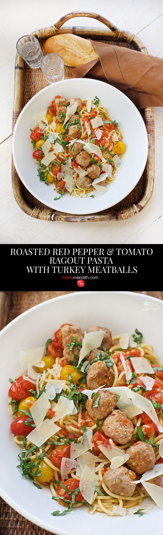 Roasted Pepper & Tomato Ragout Pasta with Turkey Meatballs #recipe Your family will LOVE this! MarlaMeridith.com ( @marlameridith )