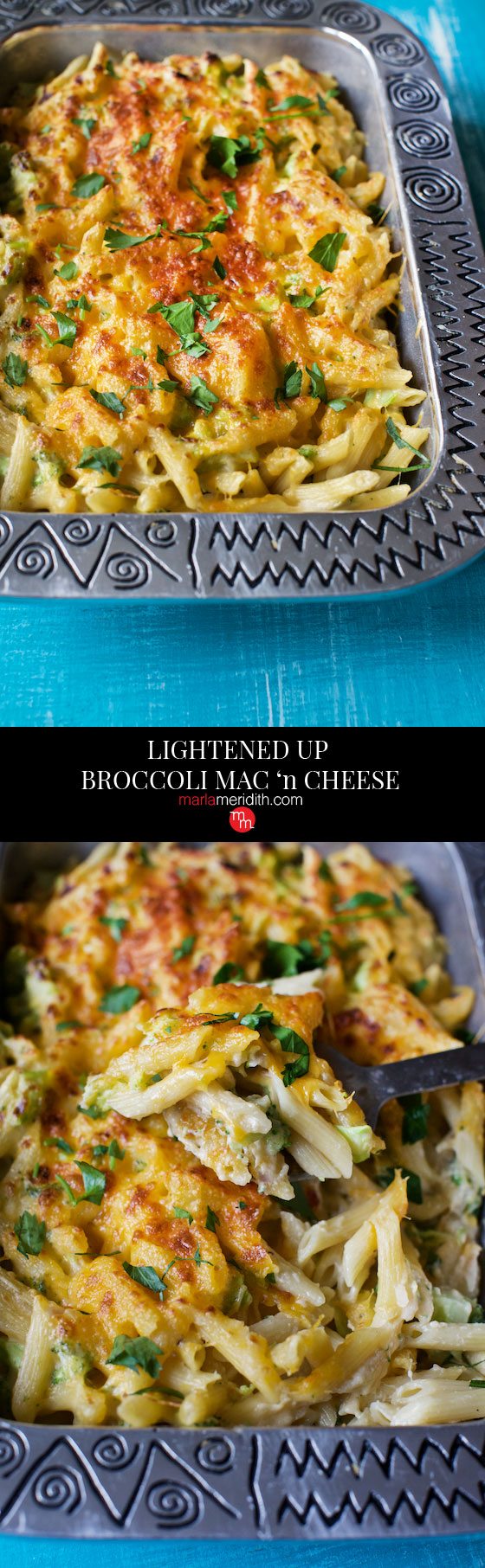Lightened Up Broccoli Mac 'n Cheese recipe. You won't miss the high calorie version. Great way to get kids to eat broccoli! MarlaMeridith.com ( @marlameridith)