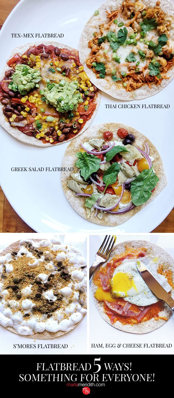 Flatbread is a huge trend right now! Here's 5 simple + delicious #recipes to serve any time at all! MarlaMeridith.com ( @marlameridith )