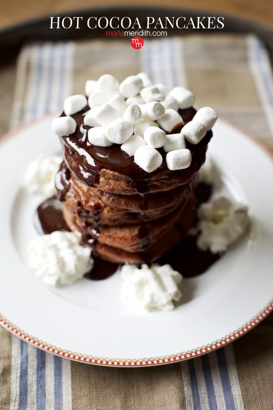 Hot Cocoa Pancakes are the ULTIMATE treat for chocolate lovers! MarlaMeridith.com #recipe #breakfast #chocolate #pancakes