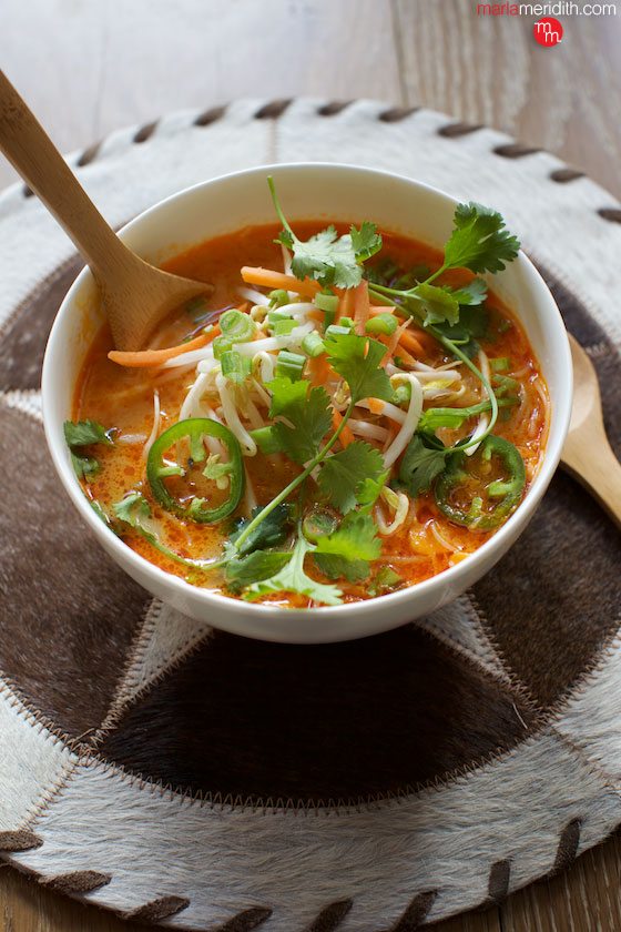 Spicy Thai Red Curry Noodle Soup #recipe. Best #soup you will ever eat! Kid approved too. #vegan #glutenfree MarlaMeridith.com ( @marlameridith )