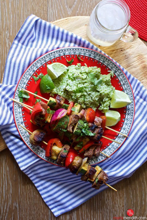 We love this Chipotle Lime Steak Kebabs with Cilantro Lime Rice recipe for summer entertaining and healthy family meals. MarlaMeridith.com